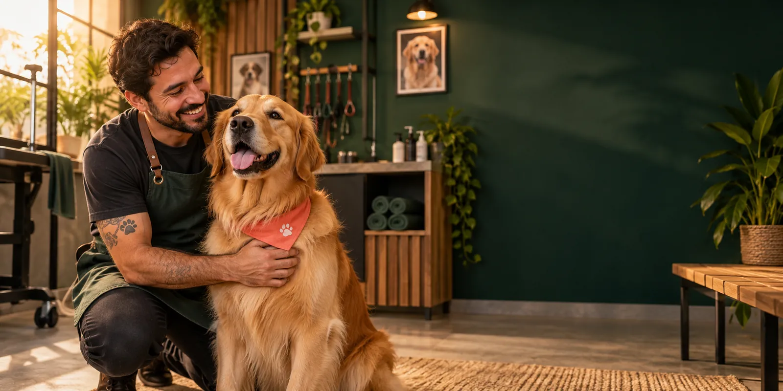 Profissional ao lado de um cachorro depois do atendimento
