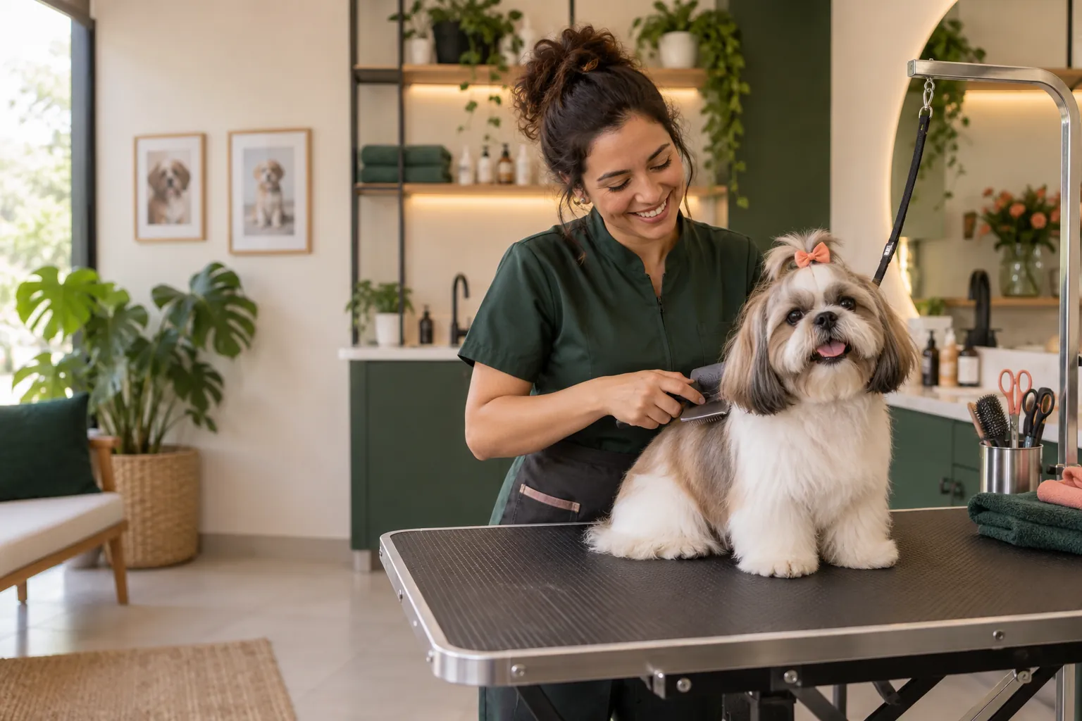 Profissional cuidando de um pet em um banho e tosa